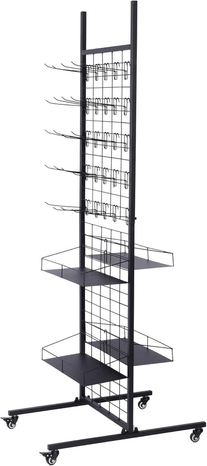 Pegboard displaystand – Displayrek – Winkelrek – Presentatierek – Displaystandaard – Zwart, vrijstaand model met wielen – Inclusief 50 haken en 4 planken – 70 x 51 x 178 cm