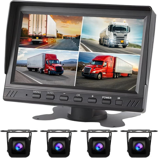 OBEST Achteruitrijcamera en monitorset, 7 inch, 4-kanaals gedeelde beeldscherm, rijopnamefunctie, 4-weg bewaking, achteruitrijbeeld, waterdicht nachtzicht, geschikt voor 9-36 V