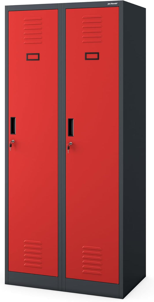 Stalen Kast Garderobekast Dubbele kast 2 compartimenten Etikethouder Scheidingswand Ventilatiesleuven Poedercoating 180 cm x 80 cm x 50 cm (Antraciet-Rood)
