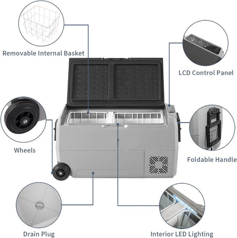 Mini koelkast - Auto koelkast - Draagbare Compressor Koelbox - Elektrische Vriesbox - voor Camping - Auto - Vrachtwagen - Boot - met Wielen - USB-aansluiting - 36L - 12/24V & 230 V - 36 x 72.3 x 45.5 cm - Grijs