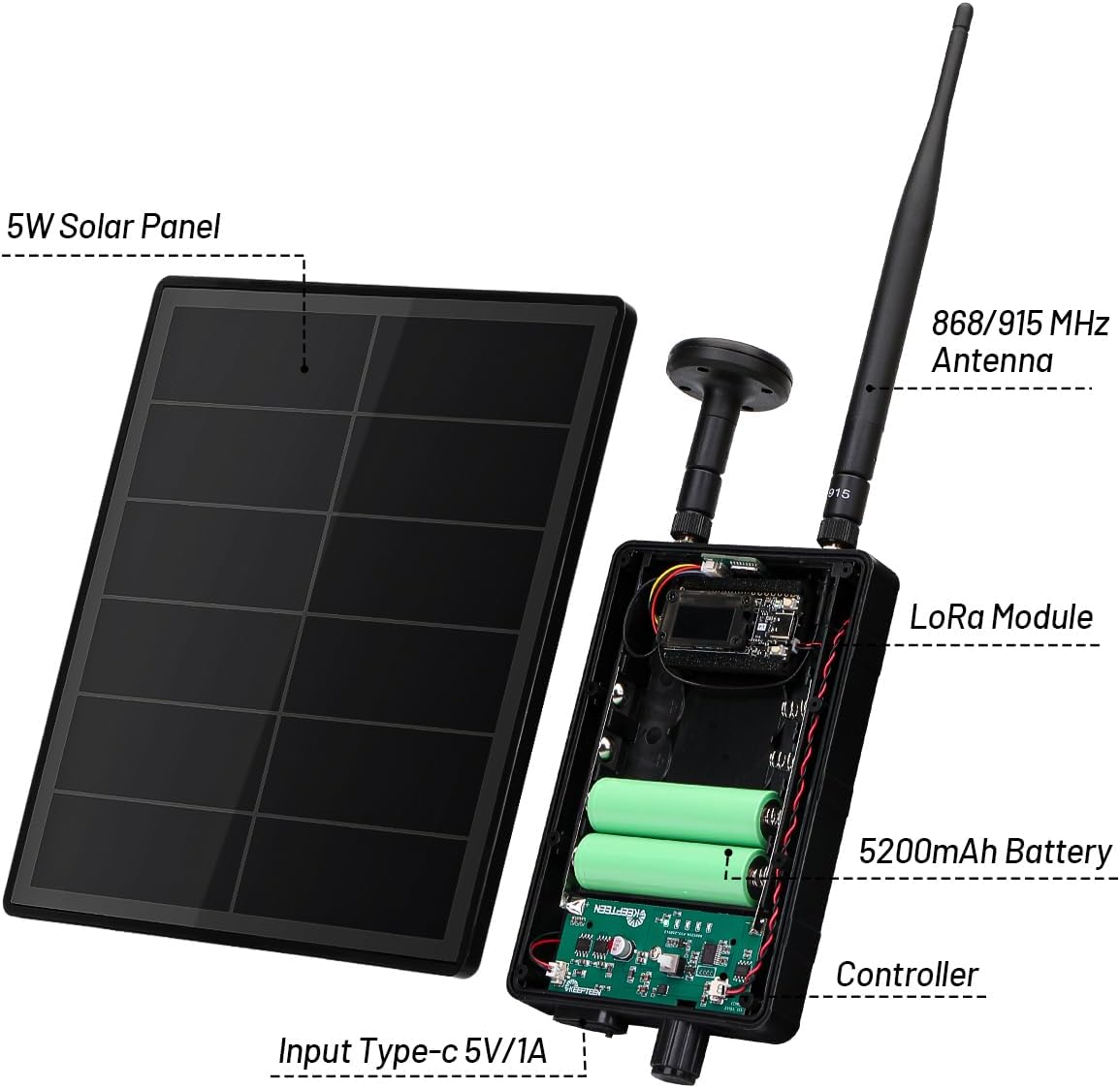 KEEPTEEN D5L Mesh Core Solar LoRa Kits, Mesh Tracker Node Repeater, 5 W zonnepaneel Bult in Heltec ESP32 V4 Lora Modules Board met Mushroom GPS/868MHz antenna WiFi Bluetooth 5200mAh batterij