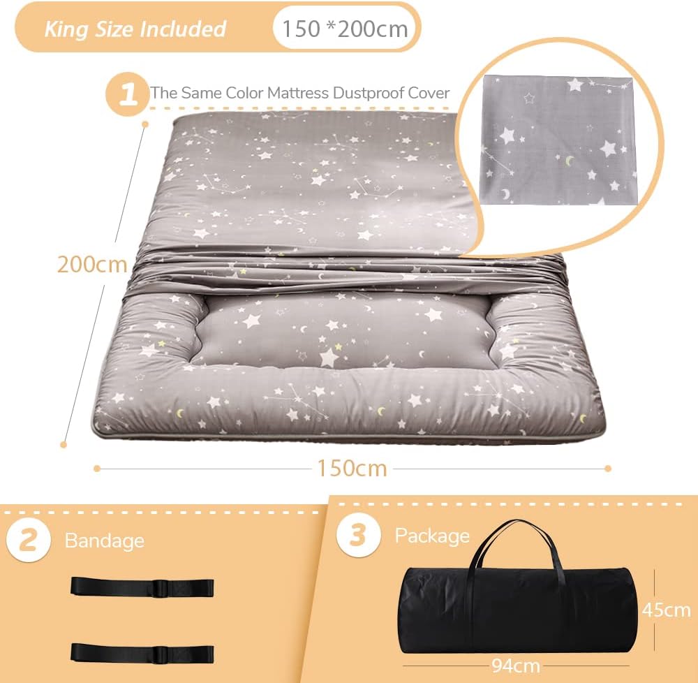 MAXYOYO Japanse futonmatras voor op de vloer, dikkere tatami-mat, slaappad, opvouwbaar, oprolbaar matras, slaapzaal, matraspad, vloer lounger, kussen, bed (Constellation, King)