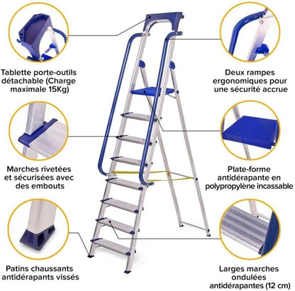 Trapladder met 8 treden Secure Pro, versterkt aluminium, beveiligd met leuningen, gereedschapshouder, platformhoogte 182 cm, belasting 150 kg