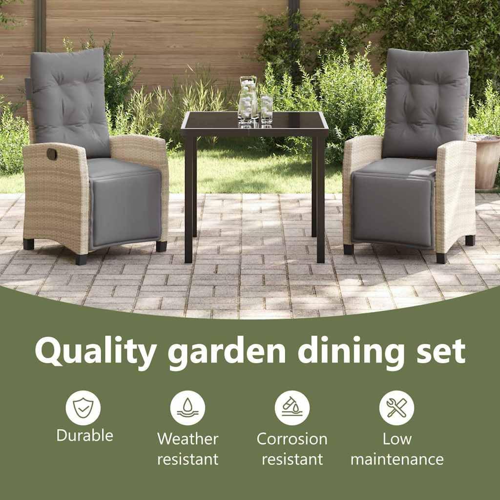 vidaXL Garden Dining Table Set with Cushion 3 pcs Beige Poly Rattan, Garden and Terrace, Stylish Steel Dining Set, Durable Outdoor Furniture with Comfortable Seating - QUORE
