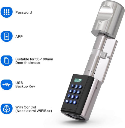 WELOCK PBL Elektronisch deurslot, deurslotcode met app, instelbare elektronische deursluitcilinder voor deurdiktes van 50-100 mm, elektronisch deurslot, huisdeur, zilver, SmartLock
