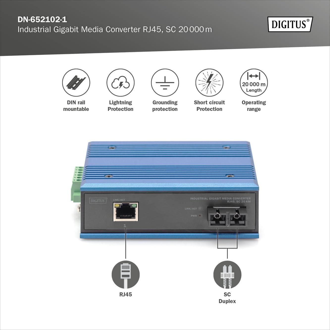DIGITUS industriële Gigabit mediaconverter - 1x RJ45, 1x SC-Duplex 1310nm -Singlemode glasvezel - 20 km bereik - 10/100/1000 Mbps - DIN rail montage - zwart/blauw