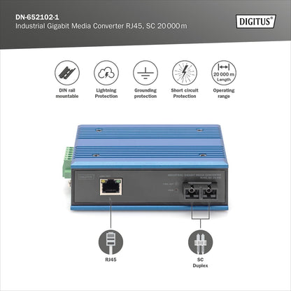 DIGITUS industriële Gigabit mediaconverter - 1x RJ45, 1x SC-Duplex 1310nm -Singlemode glasvezel - 20 km bereik - 10/100/1000 Mbps - DIN rail montage - zwart/blauw