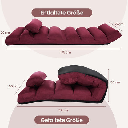 Vloerstoel – Vloerlounger – Grondstoel – Meditatiestoel – Loungestoel – Verstelbare Rugleuning – Kunstleer Rood – 175 x 55 x 20 cm – Inklapbaar & Comfortabel