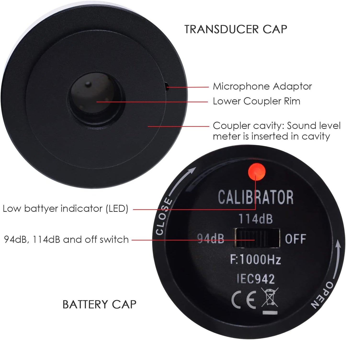 Akoestische Kalibrator – Geluidsniveaukalibrator – Geluidskalibrator – Kalibrator Voor Geluidsniveaumeter – Microfoonkalibrator – 94 dB En 114 dB Uitgangsniveaus – Voor 1" En 1/2" Microfoons