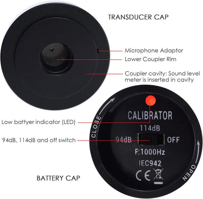 Akoestische Kalibrator – Geluidsniveaukalibrator – Geluidskalibrator – Kalibrator Voor Geluidsniveaumeter – Microfoonkalibrator – 94 dB En 114 dB Uitgangsniveaus – Voor 1" En 1/2" Microfoons