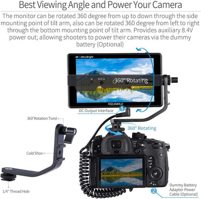 FEELWORLD LUT6S 2600Nit Camera Field Monitor 6 Inch TouchScreen 1920x1080 IPS Veldmonitor met 3G-SDI&4K HDMI Ingang/Loop Uitgang,3D LUT,HDR Golfvorm,Peak Focus DSLR Video Assist,Tilt Arm
