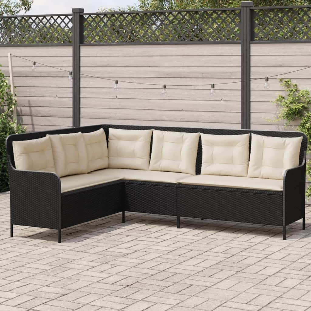 Garden Bench L Shape with Cushion, Black Poly Rattan Garden Furniture Set, Outdoor Balcony Set, Patio Furniture, Garden Lounge, Seat Set for Patio, Balcony, Garden -B - QUORE