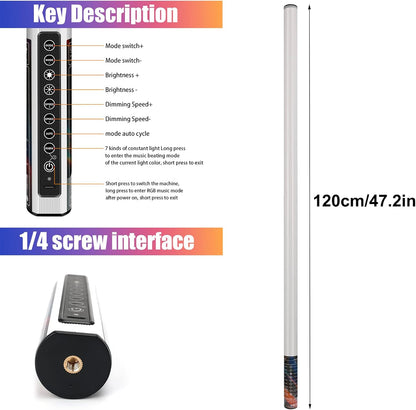 LED video lichtstaaf – LED videolamp, RGB videolamp, RGB fotolamp, camera licht – 2 Stuks, 120 Cm – Meer Dan 500 Lichtmodi – Ingebouwde Accu en Muzieksynchronisatie