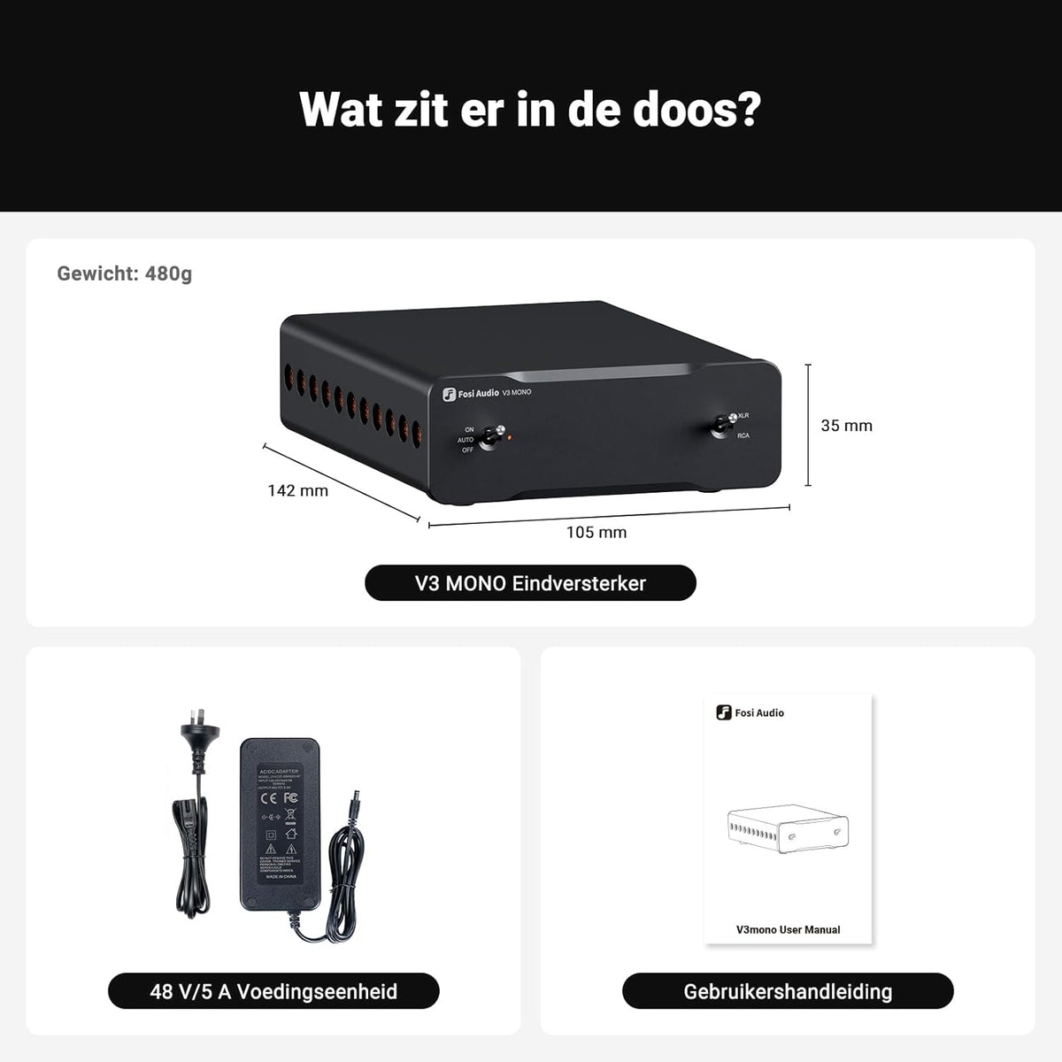 Fosi Audio V3 Mono Versterker Stereo HiFi 2/2.1/3/4/5 Kanaal, Klasse D Versterker, TPA3255 240W voor Home Theater Buiten Desktop Boekenplank Luidsprekers RCA/XLR Gebalanceerde Ingangen, met 48V 5A