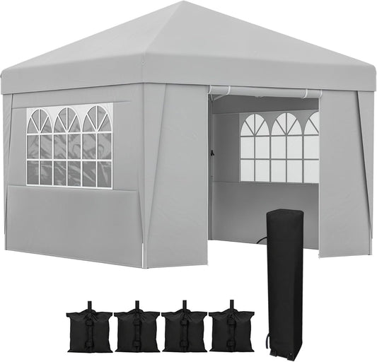 Outsunny Tuinpaviljoen, pop-up, opvouwbaar, paviljoen, partytent, 3 x 3 m, uv-bescherming 30+, met ramen, zijwanden, transporttas, zandzakken, grijs