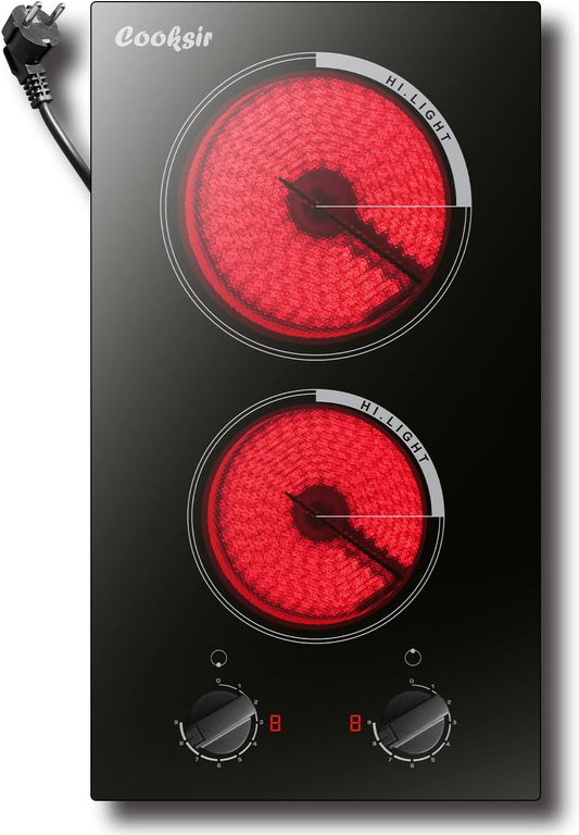 keramische kookplaat 2 platen, 30cm Autarks Domino inbouwkookplaat, 2 onafhankelijke draaiknop, 3000W, 9 vermogensregeling, met stekker