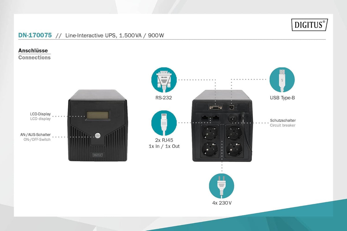 UPS – Ononderbroken Voeding – Noodstroomvoorziening – Noodstroomvoeding – Back-Up Voeding – Lijninteractieve UPS 1500 VA / 900 W – AVR – 4 Geaarde Stopcontacten