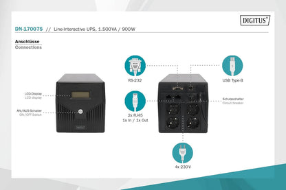 UPS – Ononderbroken Voeding – Noodstroomvoorziening – Noodstroomvoeding – Back-Up Voeding – Lijninteractieve UPS 1500 VA / 900 W – AVR – 4 Geaarde Stopcontacten