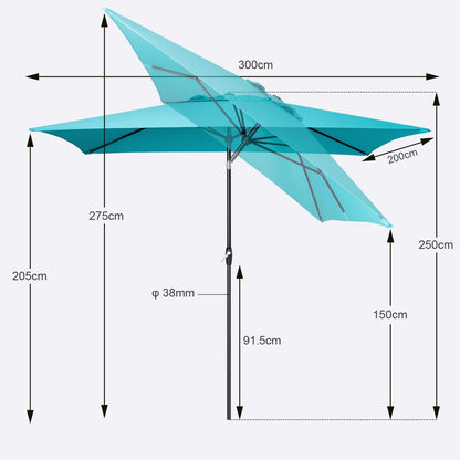 Sekey Aluminum Parasol, 200 x 300 cm, parasol, balkonparasol, rechthoekig, voor balkon, tuin en terras, zonwering UV 50+