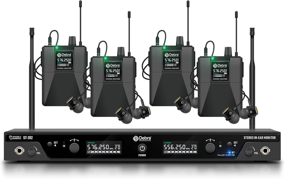 Draadloos In-Ear Monitorsysteem – IEM Systeem – In-Ear Monitor – Podium Monitor – 4 Pocket-Ontvangers – Stereo UHF 560-590 MHz met 60 Schakelbare Frequenties – Bereik Tot 300 Meter