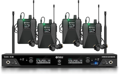 Draadloos In-Ear Monitorsysteem – IEM Systeem – In-Ear Monitor – Podium Monitor – 4 Pocket-Ontvangers – Stereo UHF 560-590 MHz met 60 Schakelbare Frequenties – Bereik Tot 300 Meter