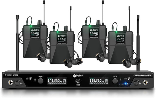 Draadloos In-Ear Monitorsysteem – IEM Systeem – In-Ear Monitor – Podium Monitor – 4 Pocket-Ontvangers – Stereo UHF 560-590 MHz met 60 Schakelbare Frequenties – Bereik Tot 300 Meter