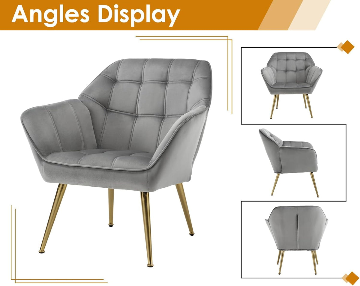 Fluwelen Fauteuil Set – Gestoffeerde Stoel – Kuipstoel – Accentstoel – Lounge Stoel – Compact Design – Metalen Poten – 2 Stuks Grijs