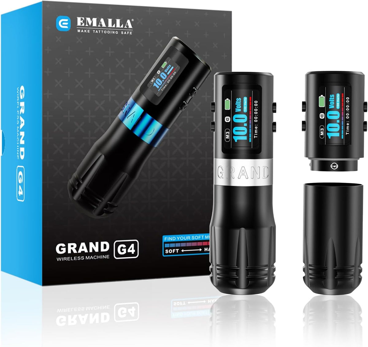 EMALLA GRAND G4 Draadloze tattoo-penmachine (5,0 mm slag), slim led-scherm met 2 duurzame batterijen en 34/38 mm handgrepen, professionele tattoo-kit