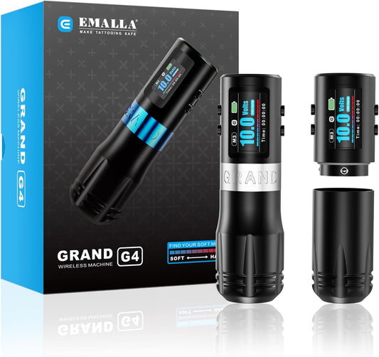 EMALLA GRAND G4 Draadloze tattoo-penmachine (5,0 mm slag), slim led-scherm met 2 duurzame batterijen en 34/38 mm handgrepen, professionele tattoo-kit