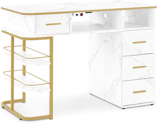 BarberPub Manic Rentetisch with 4 Drawers, 1 Shelf and 5 Shelves, Nail Table with Suction, 2 Vacuum Cleaner Bags, Nail-free Table Wood, Desk for Nail Salon, Marble White Gold, 55x112x80 cm, 2464 - QUORE