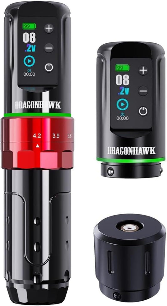 Dragonhawk L3 Snoer-/snoer-tattoo-pistool, roterende stiftmachine, 7 slagen lengte, krachtige Mcore-L-tattoomotor, smart display, 2 batterijen, stroomvoorziening, rode kleur