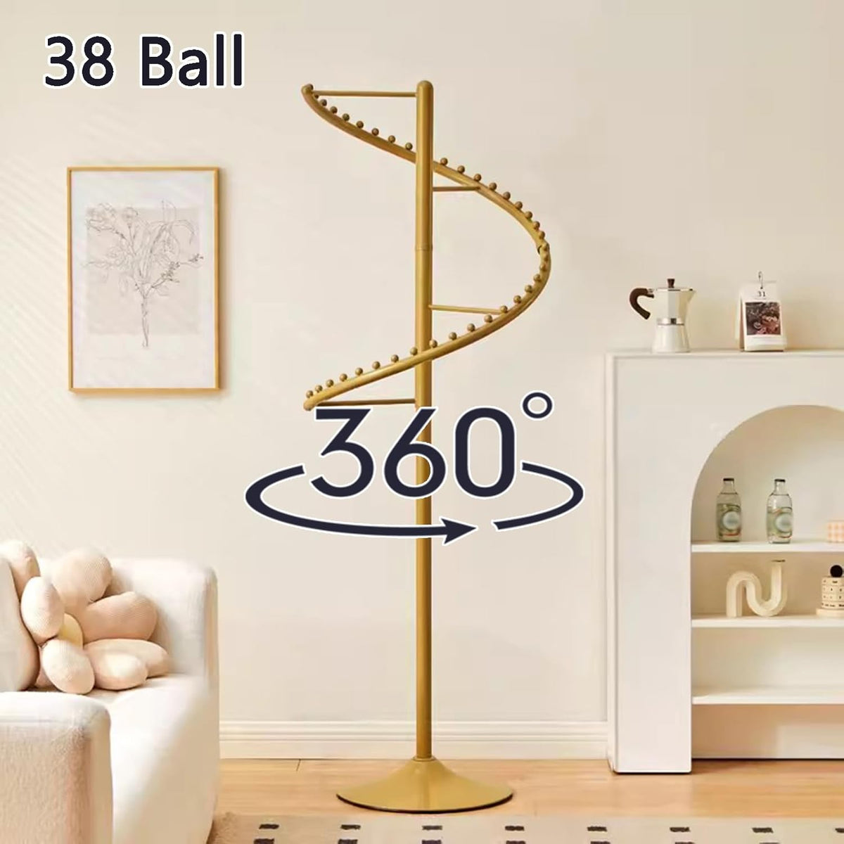 Spiraal roterend kledingrek, 38 ballen heavy duty kledingrek, staande metalen stevige vrijstaande hanger voor boetiek slaapkamer ruimtebesparend (kleur: goud, maat: 180 cm)