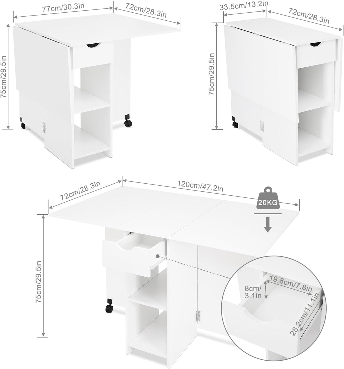 Mondeer Mobile Folding Table, Folding Dining Table, Suitable for Small Spaces with 1 Drawer and 2 Shelves for Dining Room and Kitchen, White H1071KT01WT 72 x 120 x 75 cm - QUORE
