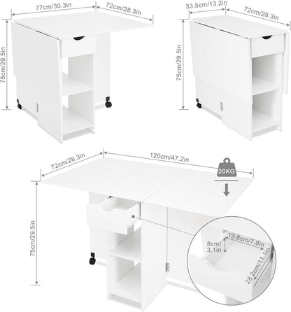 Mondeer Mobile Folding Table, Folding Dining Table, Suitable for Small Spaces with 1 Drawer and 2 Shelves for Dining Room and Kitchen, White H1071KT01WT 72 x 120 x 75 cm - QUORE