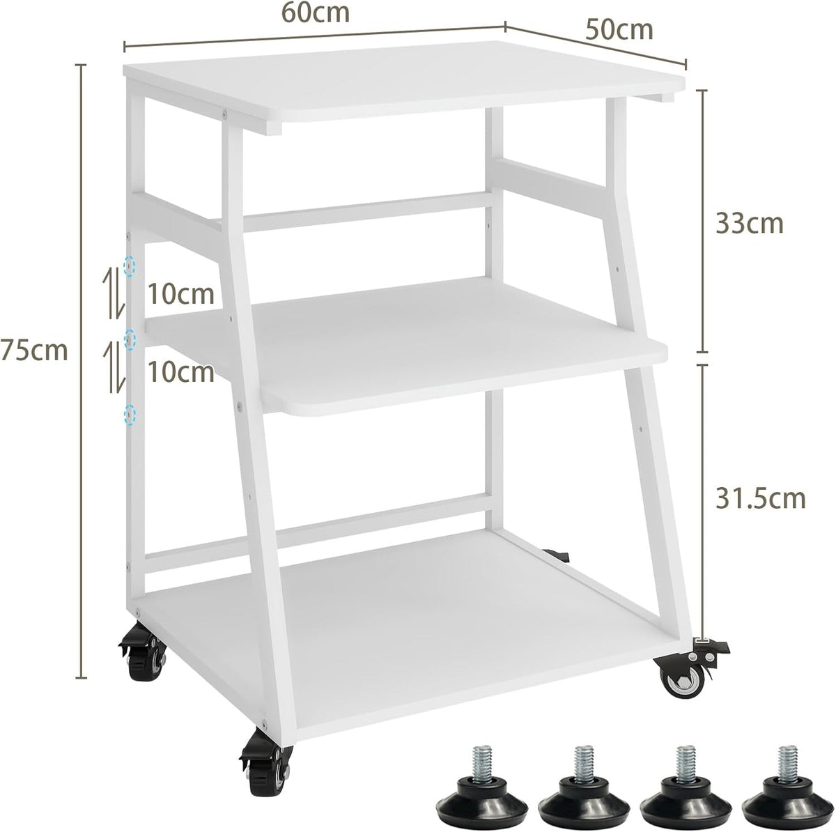 Printertafel – Printerstandaard – Opbergtafel – Printkar – Werkplek Organizer – 3 Niveaus Met Verstelbare Plank – Stevig Stalen Frame Met Wieltjes