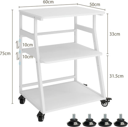 Printertafel – Printerstandaard – Opbergtafel – Printkar – Werkplek Organizer – 3 Niveaus Met Verstelbare Plank – Stevig Stalen Frame Met Wieltjes