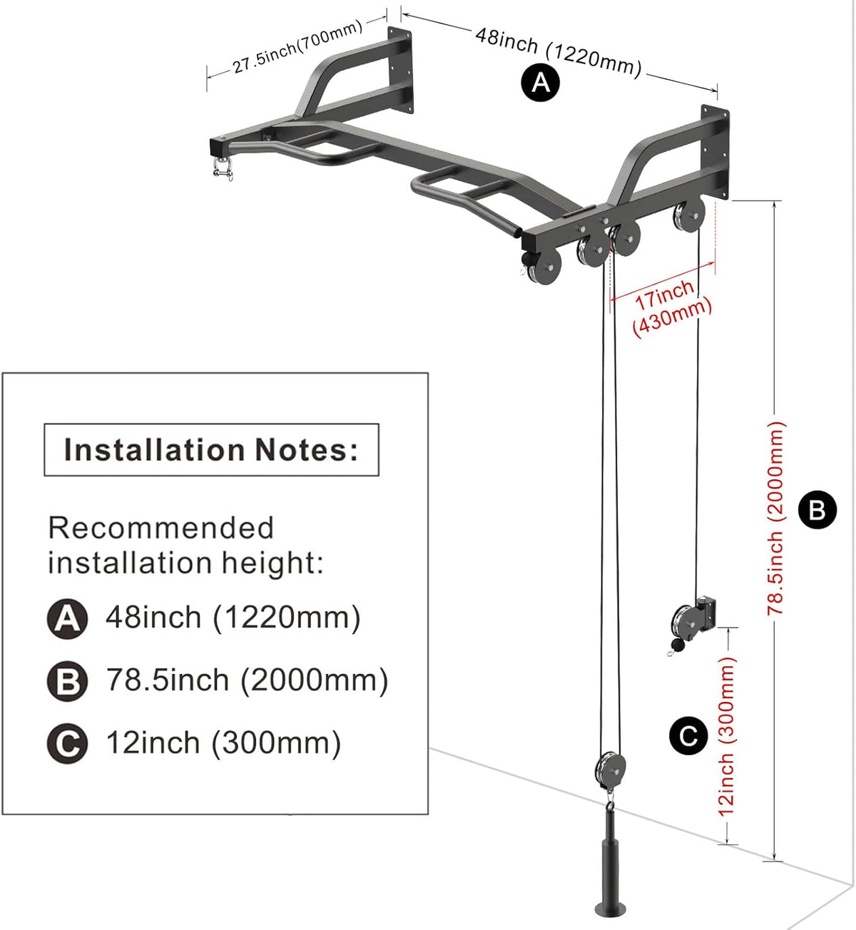 48" Wall Mounted Multifunction Cable Pulley System Gym, 48" Wall Mounted Pull Up Bar, Cable Machine LAT Pulldown Attachments, DIY Home Gym Pulley Cable Machine Attachment System, Punching Bag Hanr