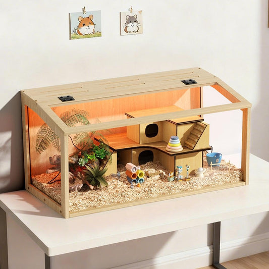 BingoPaw Hamsterkooi, hout, kooi voor kleine dieren, knaagdierenkooi, muizenkooi met inklapbaar deksel, 80 x 40 x 40 cm, naturel