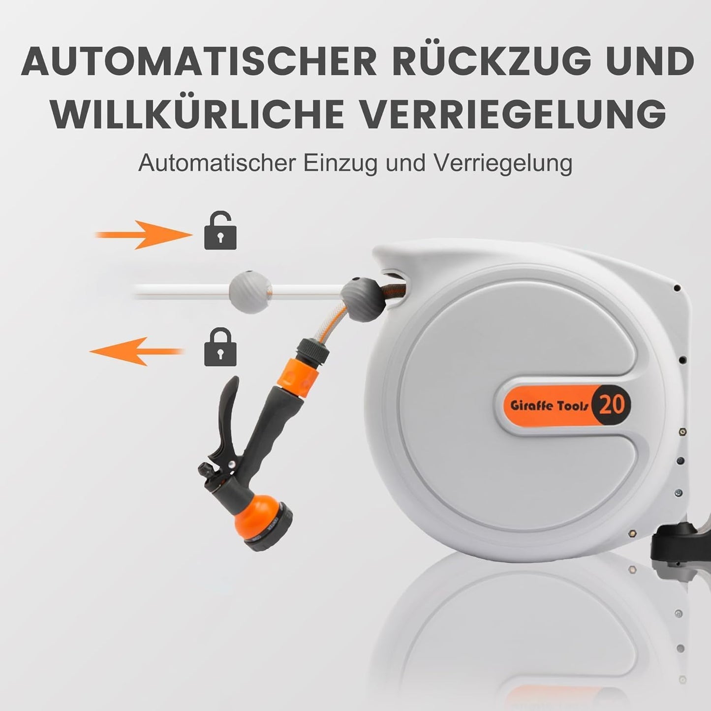 Giraffe Tools Automatische slanghaspel, 20 m + 2 m, wandmonteerbare slang, trommel, 180° draaibaar, met 7 patronen en witte aansluitslang