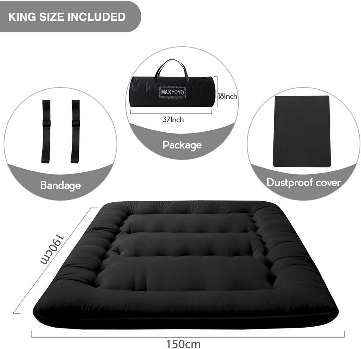 MAXYOYO Futon Floor Mattress, Japanese Floor Mattress, Futon, Foldable, 1 Seater, Quilted Mattress for Guest Travel and Camping(Black,150x200cm)