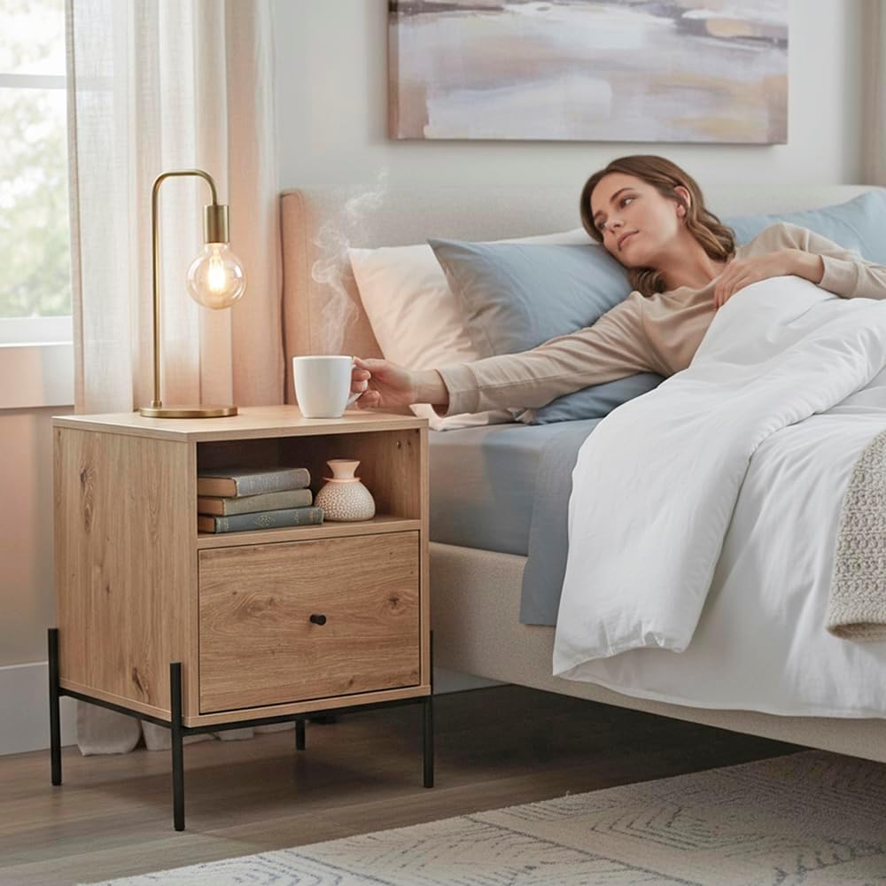 HAKU Console eiken, zwart, MDF, metaal - Maat: B 45 cm x H 60 cm x D 47 cm, Stijl: Modern