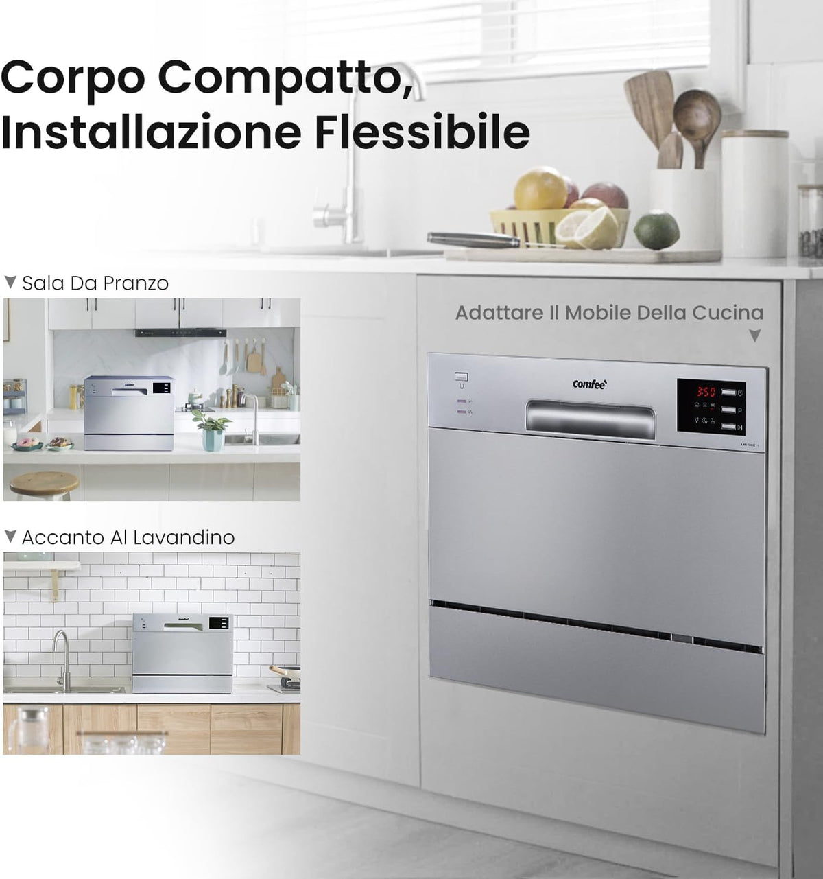 COMFEE' Compacte tafel-vaatwasser TD602E-S mini-vaatwasser met 6 couverts, 6 programma's, led-display, tijdvertraging en wasfunctie in niet-piekuren - zilver