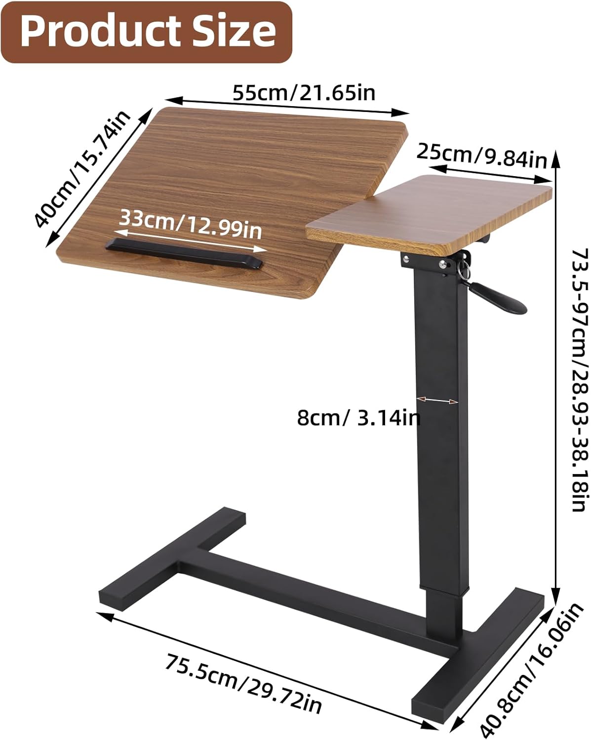 FATIVO Onderhoudshulp, bedtafel, computertafel, in hoogte verstelbaar, draaibaar, met wieltjes, 75,5 x 40 cm