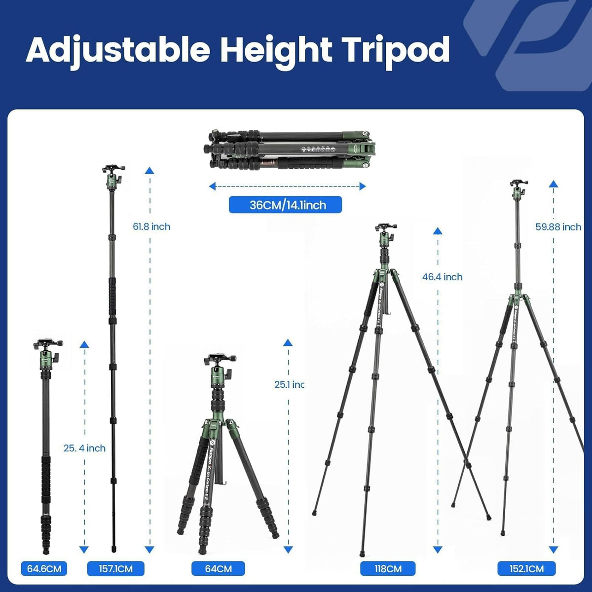 Fotopro 62 inch koolstofvezel reisstatief, compact camerastatief met metalen kogelkop, afneembare monopod met Arca-Swiss snelkoppelingsplaat en tas, belastbaar tot 8 kg