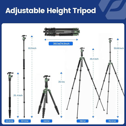 Fotopro 62 inch koolstofvezel reisstatief, compact camerastatief met metalen kogelkop, afneembare monopod met Arca-Swiss snelkoppelingsplaat en tas, belastbaar tot 8 kg