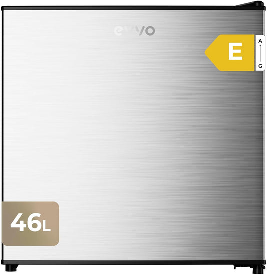 EVVO F22X Mini-koelkast, 46 l, roestvrij staal, energiebesparend, 80 kWh/jaar, 41 dB, compacte koelkast voor kantoor, slaapkamer en studio, stille mini-koelkast in modern design
