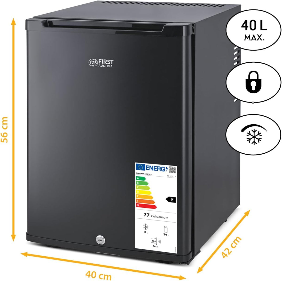 TZS First Austria - Mini Koelkast 40L stille en afsluitbare - Kleine Mini Koelkast, omkeerbaar deurscharnier en binnenverlichting - Minibar voor kamperen, kantoor, slaapkamer en hotel - Matzwart