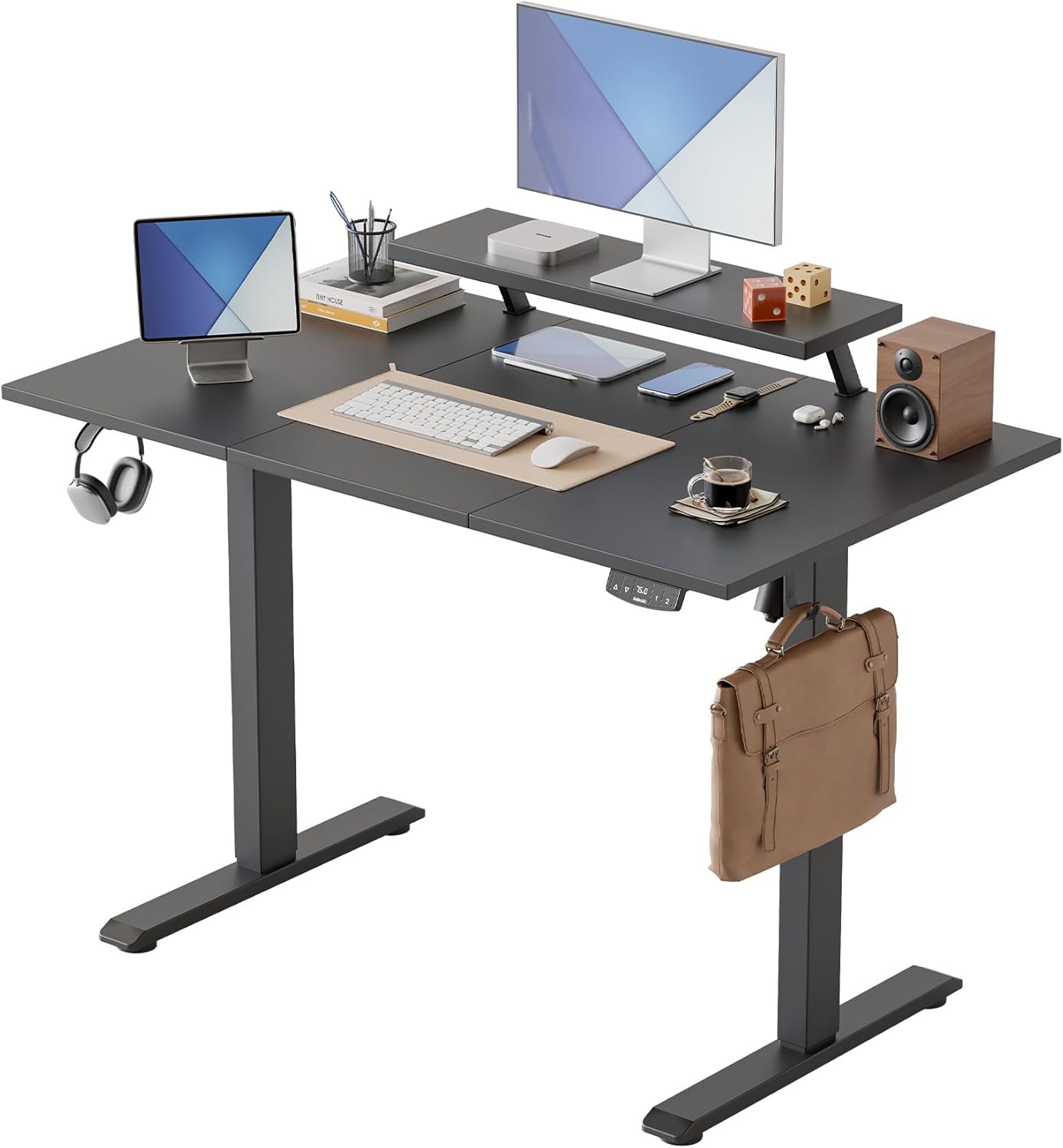 Agilestic Elektrisch in hoogte verstelbaar bureau, 120 x 60 cm, met beweegbare monitorstandaard, sta bureau met 2 geheugentoetsen, 3-delig tafelblad, thuiskantoorbureau, zwart