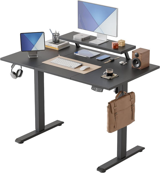 Agilestic Elektrisch in hoogte verstelbaar bureau, 120 x 60 cm, met beweegbare monitorstandaard, sta bureau met 2 geheugentoetsen, 3-delig tafelblad, thuiskantoorbureau, zwart