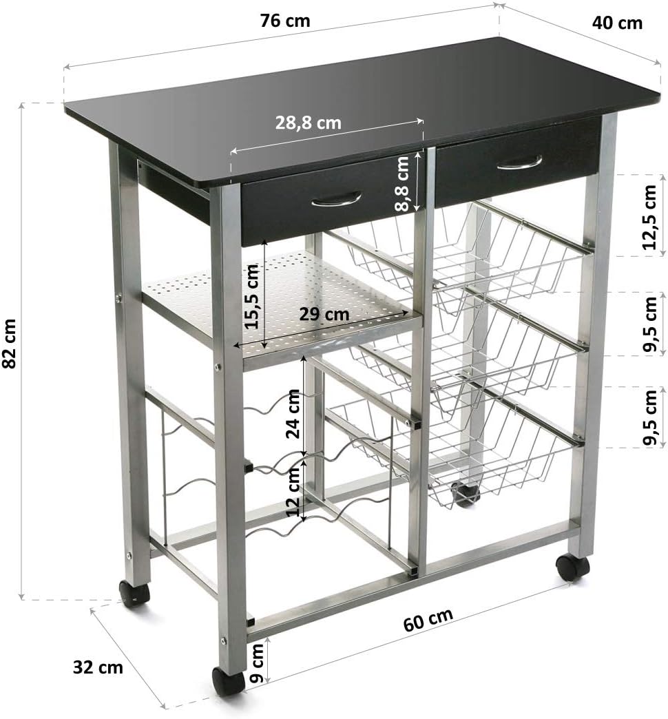 Versa Leicester Keukenwagen met wielen, laden en flessenrek, Groentenopberger met voorraadkast en opbergers, Keukenopberger, Afmetingen (H x B x H) 82 x 40 x 76 cm, Hout en Metaal, Kleur Zwart